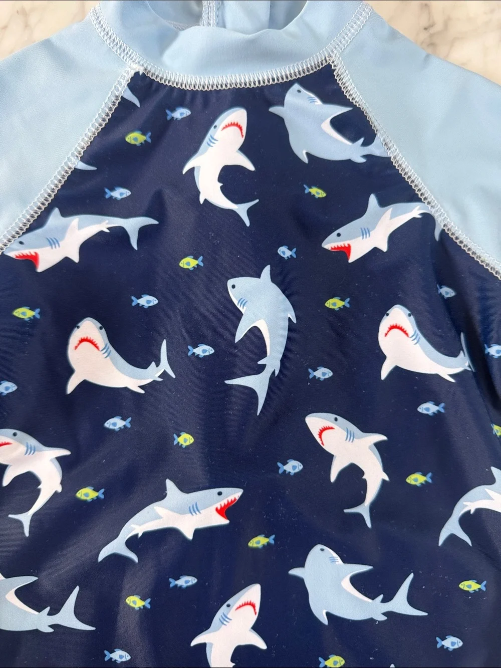Boys Shark Print Long Sleeve Rash Guard Shortie Swim Romper, Blue Sz 24 Mo